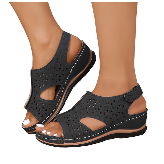 Sandals for Women Peep Toe Splice Hollow out Low Wedge Platform Slingback Ankle Strap Slip on Summer Orthopedic Shoes Black Size 7