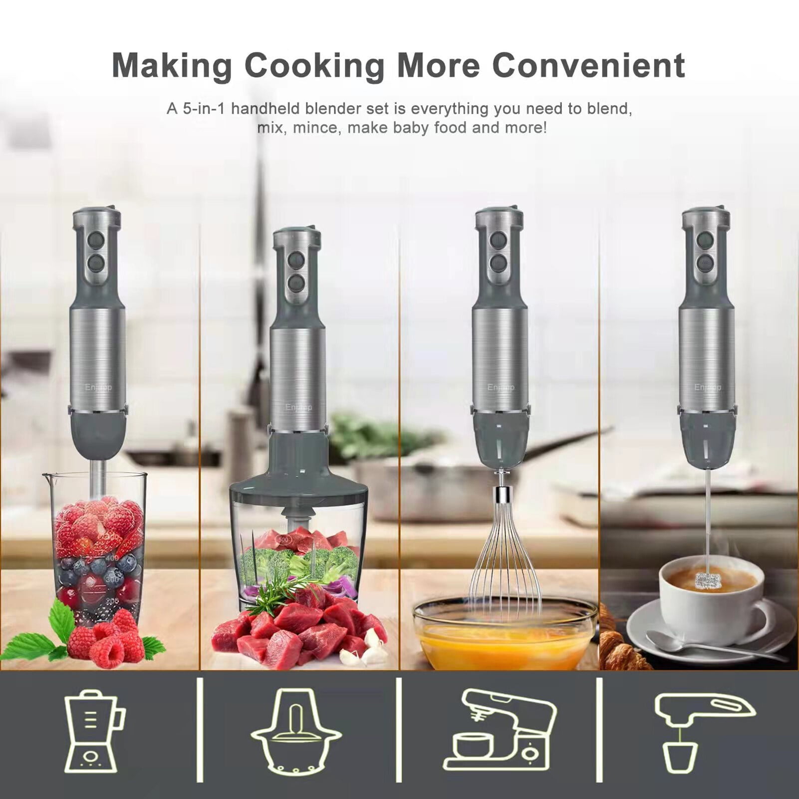  Immersion Hand Blender 5 in 1: 1100W Electric Blender Handheld  Stick Mixer with Trigger Control Grip, Emulsion Blenders for Kitchen Soup,  Mayo, Smoothie and Baby Food with Chopper, Whisk and Frother