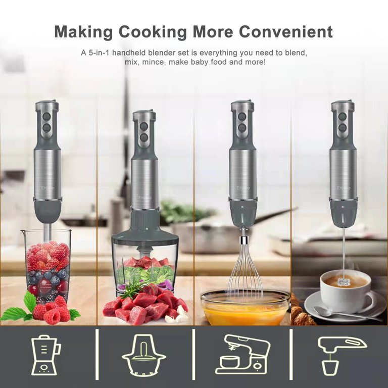 5 in 1 Handheld Immersion Blender, Anti-Splash Stick Blender with A Milk Frother, Egg Whisk, Food Grinder, and Blending Container, Hand Held Blender