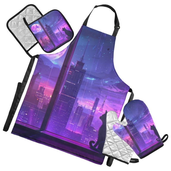 Cat Moon City 5 Pcs Kitchen Set Heat Resistant Oven Mitts and Non-Slip Pot Holders with Adjustable Cooking Apron