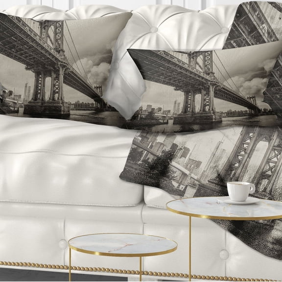 Designart Manhattan Bridge in Dark Gray - Cityscape Photo Throw Pillow - 12x20