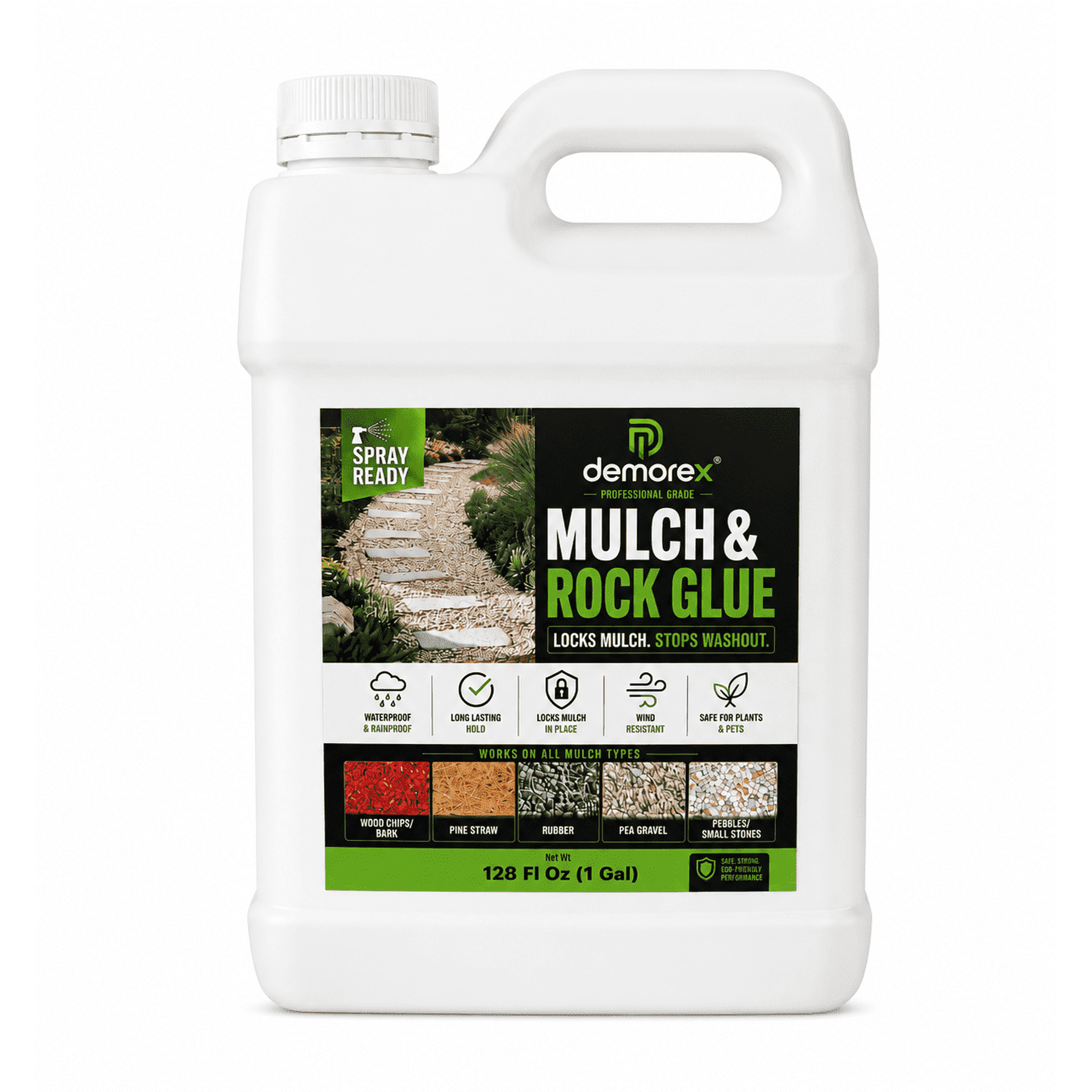 Demorex Mulch Glue- Professional Landscape Adhesive for Rocks, Gravel, Bark & Mulch - Weather-Resistant, Non-Toxic, Plant & Pet Safe Garden Binder (1 Gallon)