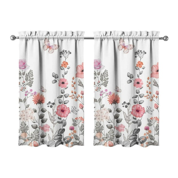 Modern Farmhouse Kitchen Curtains 2 Pack 27.5Wx39L Inches - Rustic Rose Peony Floral Short Cafe Curtains, Rod Pocket Semi-Sheer Panels for Bathroom & Small Windows, Nature-Inspired Decor