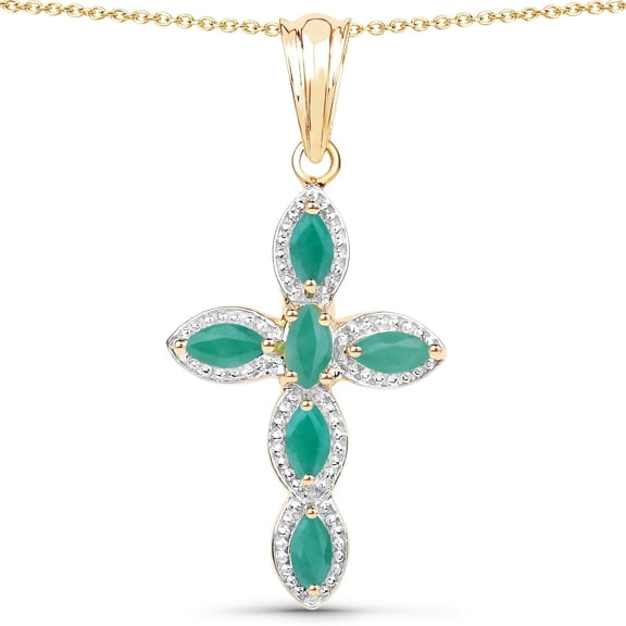 Fine Color Jewels Emerald Cross Pendant 925 Sterling Silver 18K Yellow Gold Plated Marquise Cut Natural Emerald Women’s