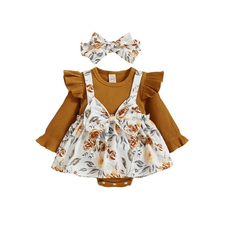 

Gzhioc Infant Baby Girls Romper Floral Print Knitted Ribbed Patchwork Round Neck Long Fly Sleeve Skirt Hem Jumpsuits with Headband 0-18 Months
