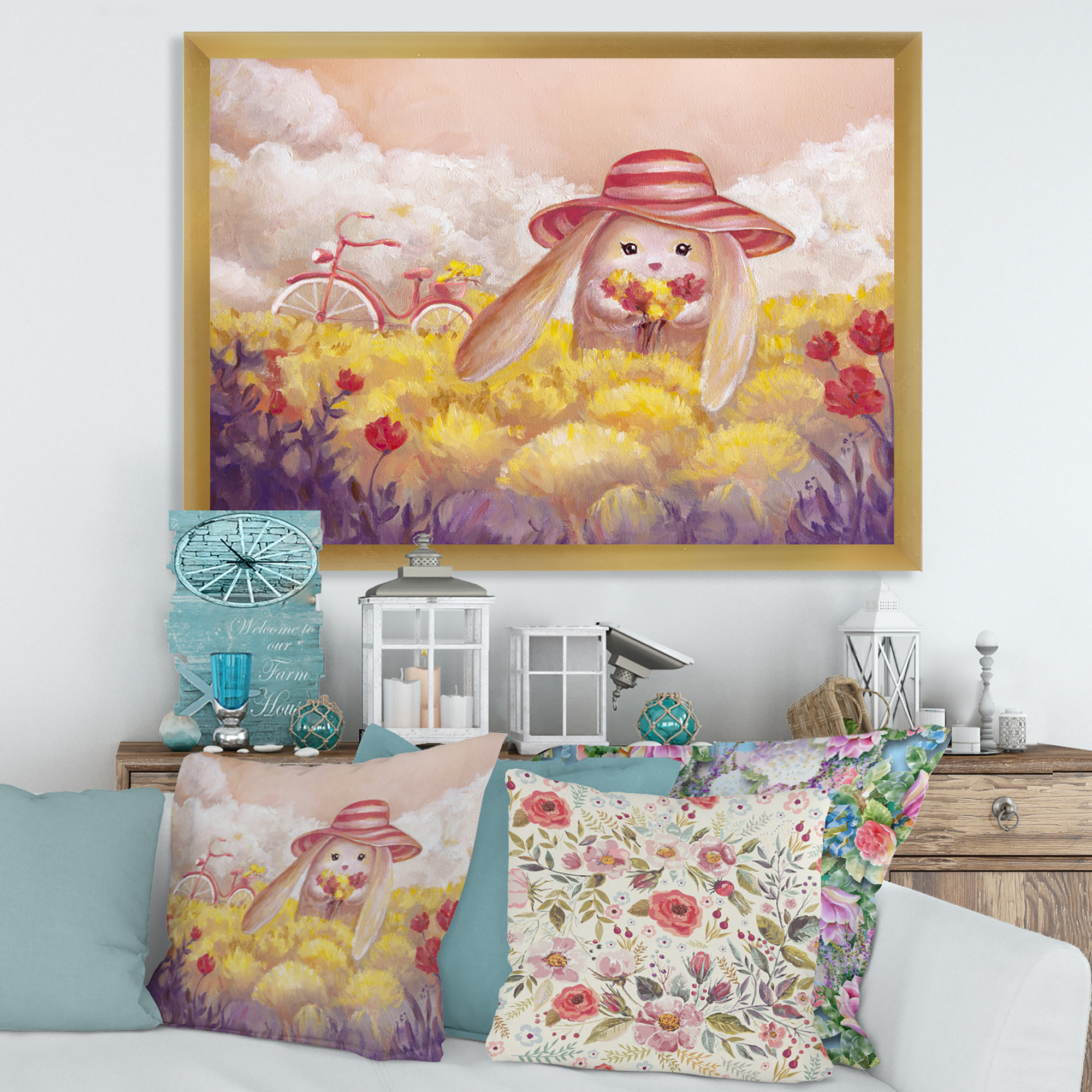 Designart 'Little Bunny With Yellow Flowers' Traditional Framed Art Print