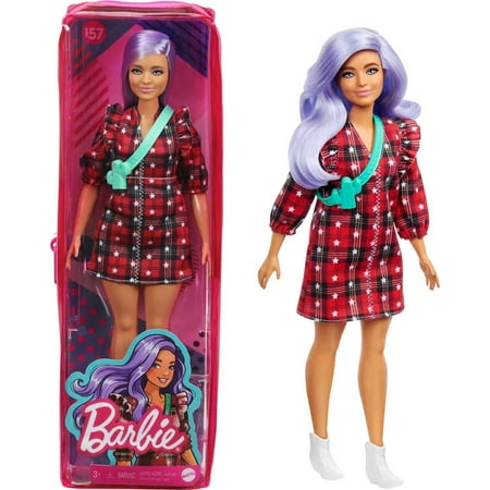 Barbie Fashionistas Doll #157, Curvy with Lavender Hair in Red Plaid Dress & White Cowboy Boots