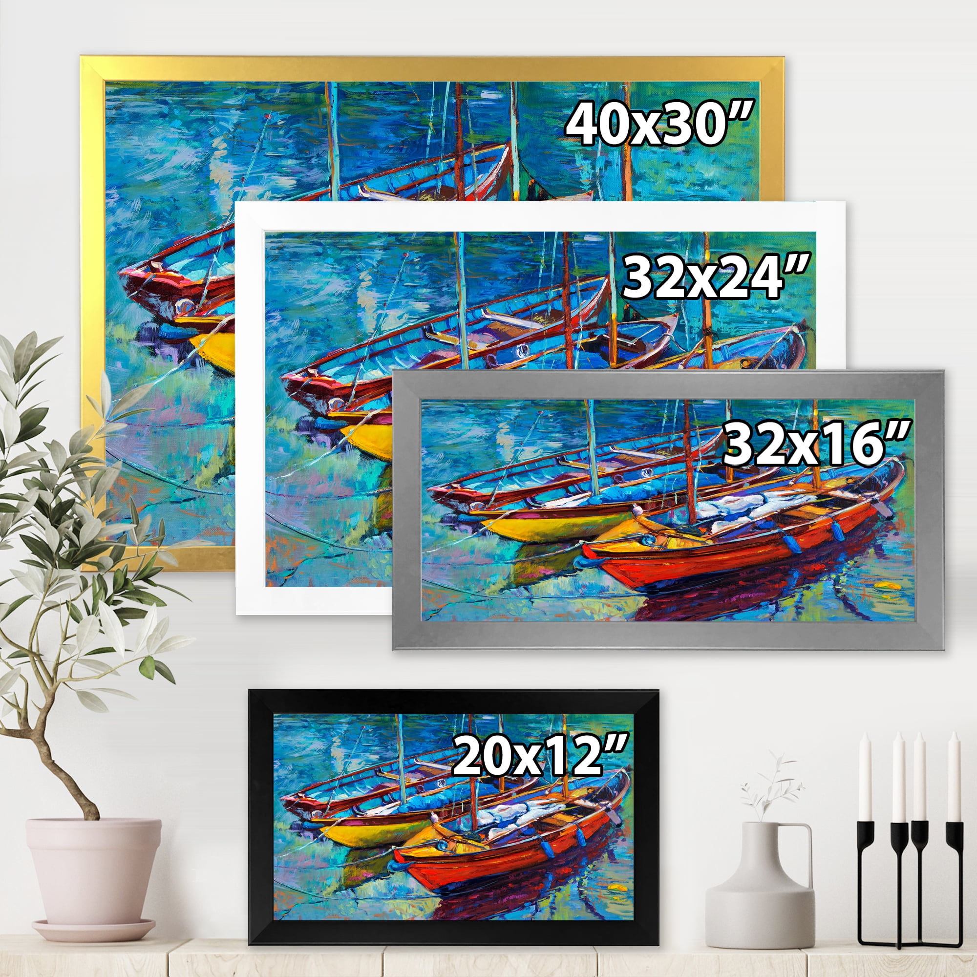 Designart 'Three Colorful Boats In The Harbor' Nautical & Coastal Framed Art Print
