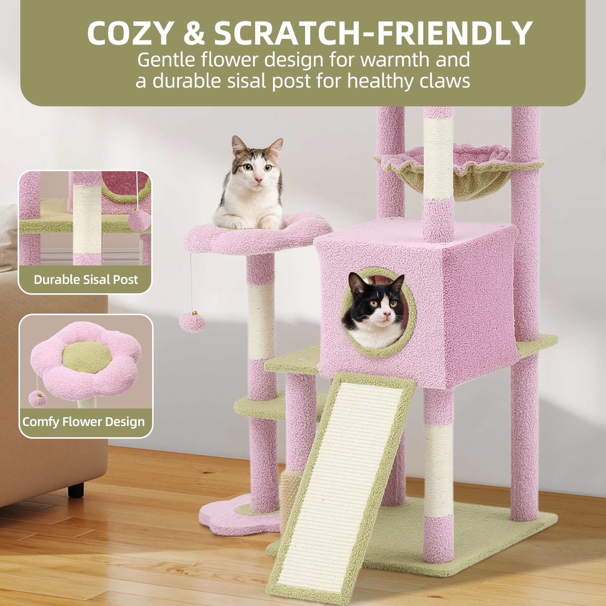 Uforic 61" Large Flower Cat Tree Tower with Hammock, Sisal Scratching Posts and Cat Scratched Board, Pink & Green