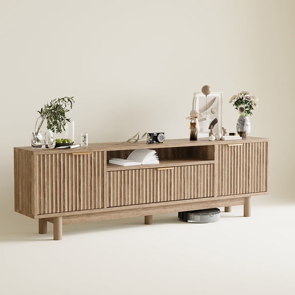 VERDALAY Mueble para TV con 2 puertas Soporte para TV Organizador para televisión Mueble para TV de madera con tira de luz Soporte para TV de madera con patas altas Consola para TV, roble