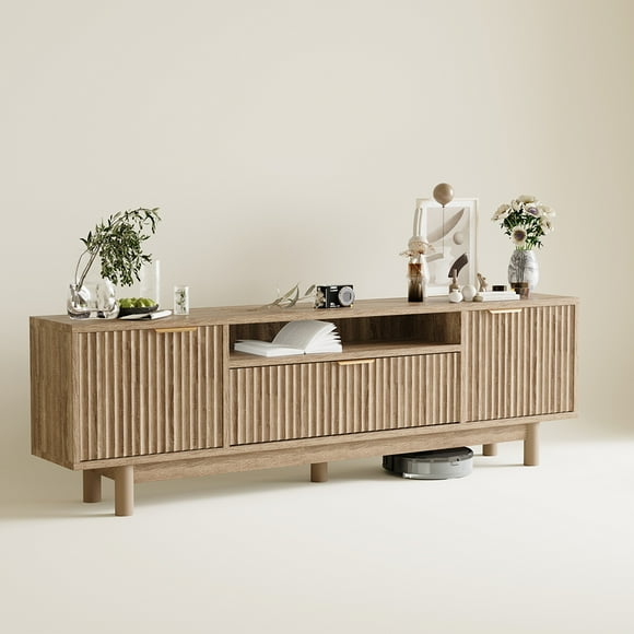 VERDALAY Mueble para TV con 2 puertas Soporte para TV Organizador para televisión Mueble para TV de madera con tira de luz Soporte para TV de madera con patas altas Consola para TV, roble