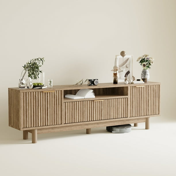 VERDALAY Mueble para TV con 2 puertas Soporte para TV Organizador para televisión Mueble para TV de madera con tira de luz Soporte para TV de madera con patas altas Consola para TV, roble