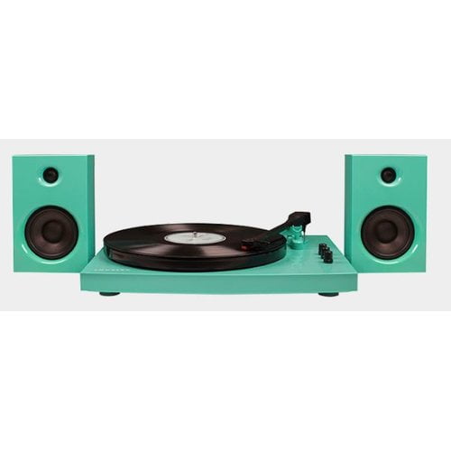 crosley t100 2-speed bluetooth turntable system with stereo speakers,  turquoise