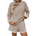 thumbnail image 2 of 2 Piece Sets for Women Summer Cute Stripe Long Sleeve Knit T Shirts Shorts Matching Lounge Set Khaki L, 2 of 8
