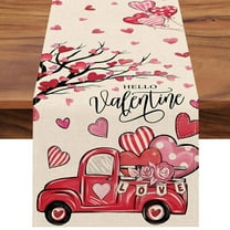 Valentine's Day Table Runner with Red Truck and Hearts Design, Romantic Dining Room Decor, 13x72 Inches, Cotton Linen