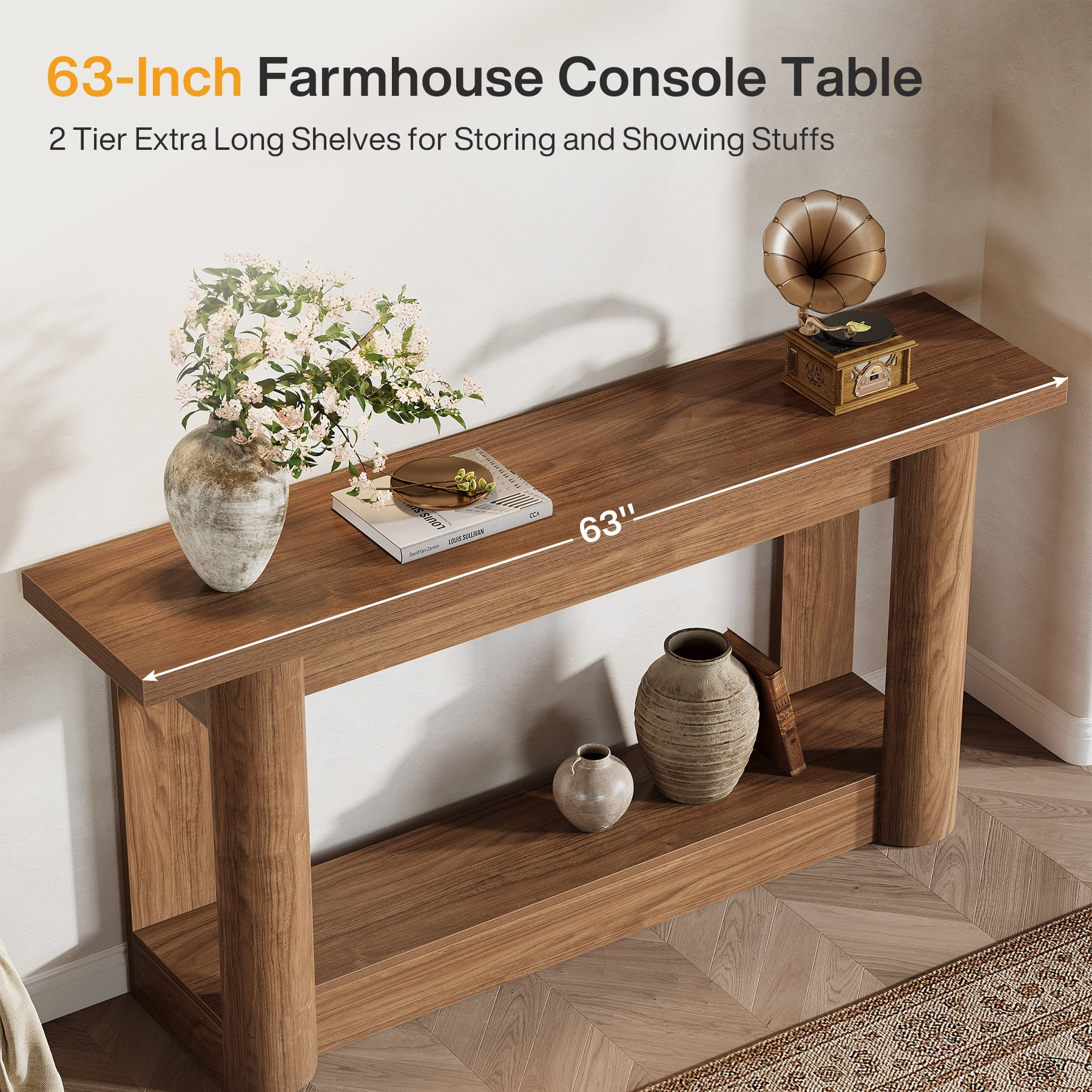 Tribesigns 63-Inch Farmhouse Console Table, Narrow Long Sofa Table Behind the Couch, 2-Tier Storage Entryway Furniture for Hallway, Entrance, Living Room, Rustic Brown