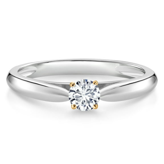 Gem Stone King 0.17 Ct Round G/H Lab Grown Diamond 10K White and Yellow Gold Solitaire Engagement Ring (Size 5)