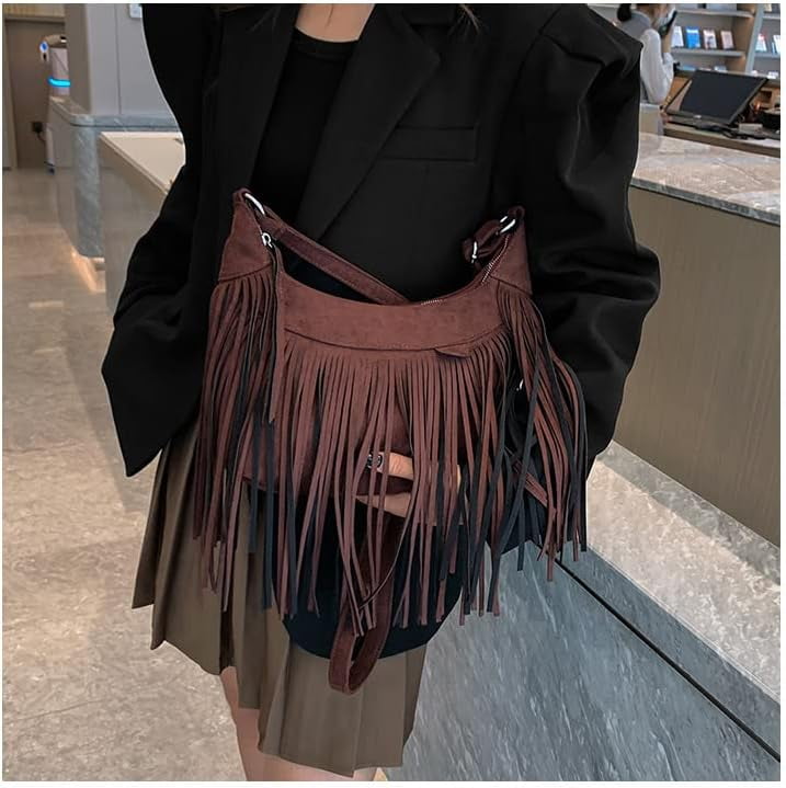 Kukuzhu Boho Hippie Purses Fringe Tassel Faux Suede Shoulder Messenger CrossBody Sling Bag Country Concert Outfits for Women