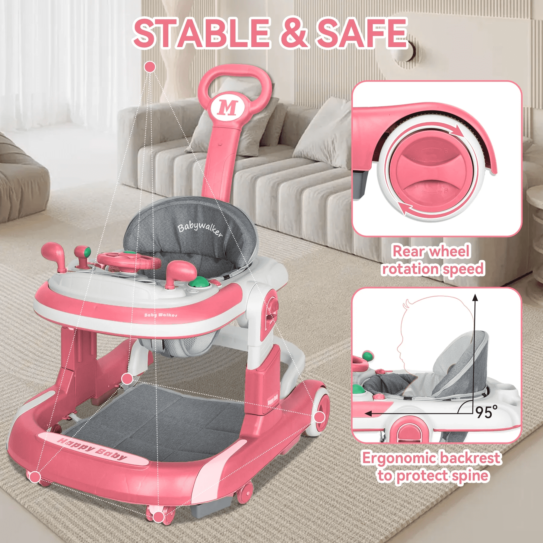 PUEDO 5-in-1 Foldable Baby Walker with Foot Pads/Handles for Boys and Girls 6-36 Months, Pink