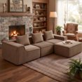 thumbnail image 2 of Pinmoco 111.5" Sectional Sofa Couch with Ottoman, Modular Boneless Cloud Couch with Deep Seats, Corduroy Upholstery, 4-Seater Comfy Sofa for Living Room, No Assembly Needed, Brown, 2 of 9