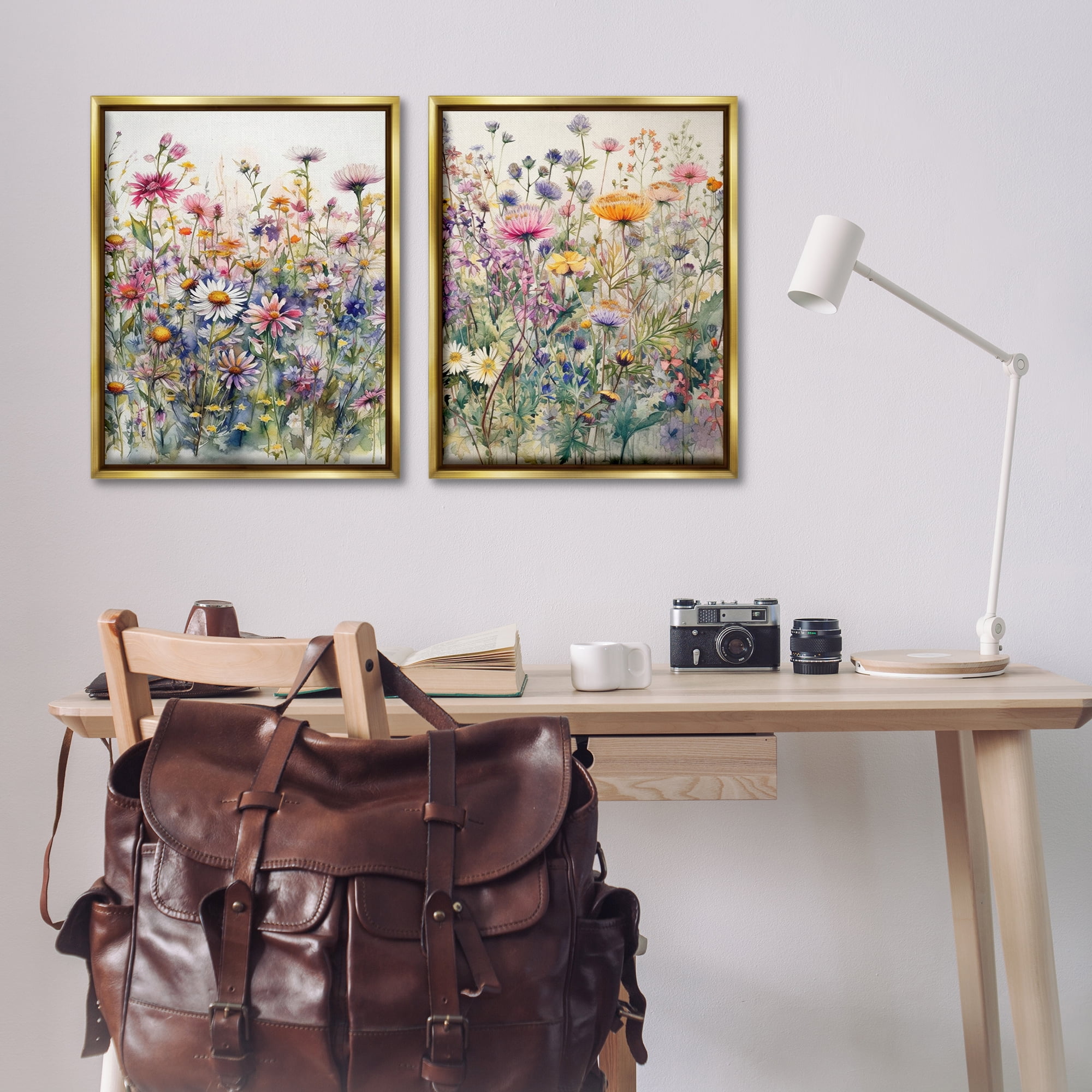 Stupell Industries Watercolor Daisy & Aster Field Plants & Flowers Painting Gold Floater Framed Canvas Art Print Wall Art, 31 x 25, Set of 2