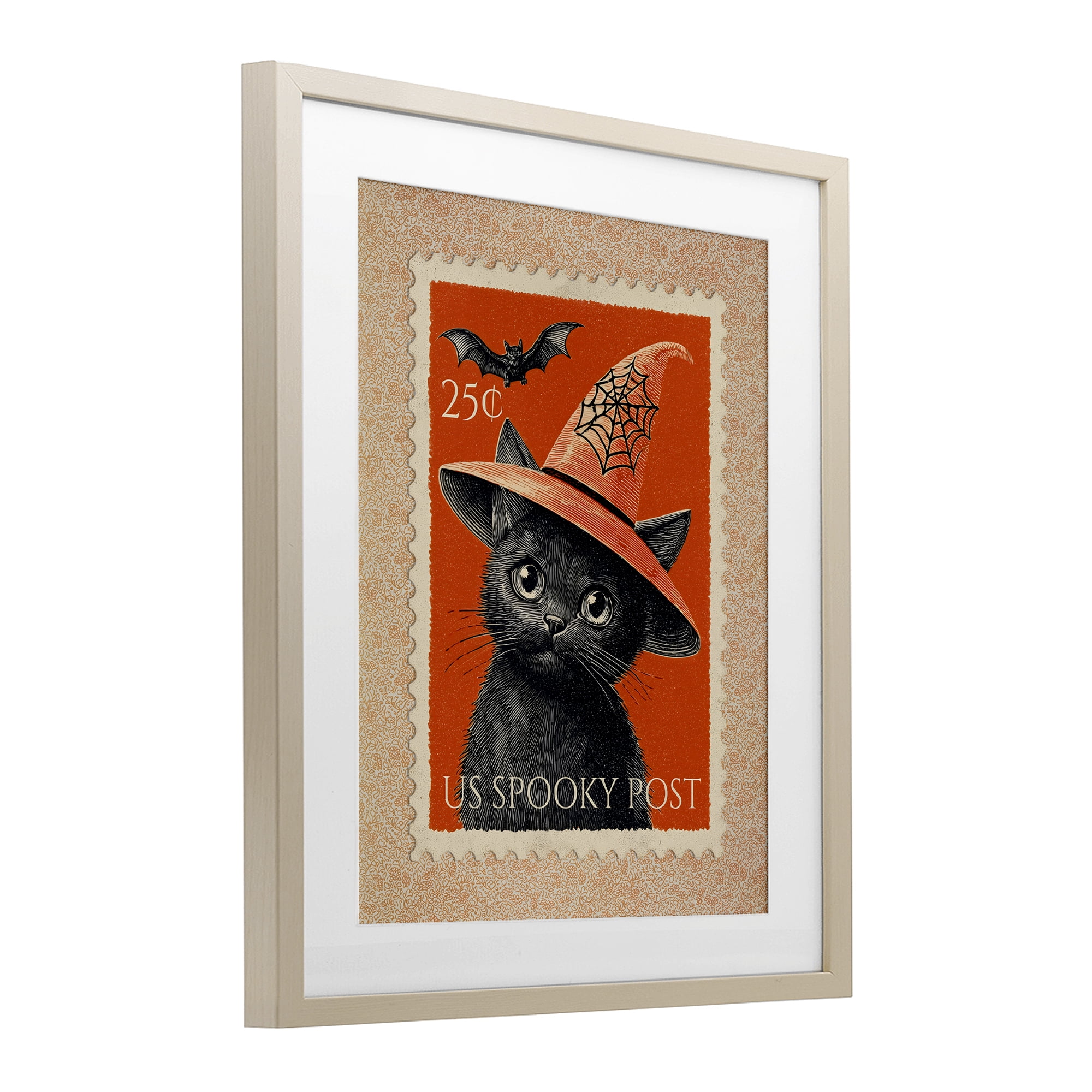 Vintage Black Cat Stamp Birch Framed Print Under Glass, design by Arlington Prints