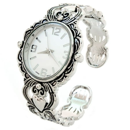 STC - Silver Metal Decorated Large Oval Face Women's Bangle Cuff Watch