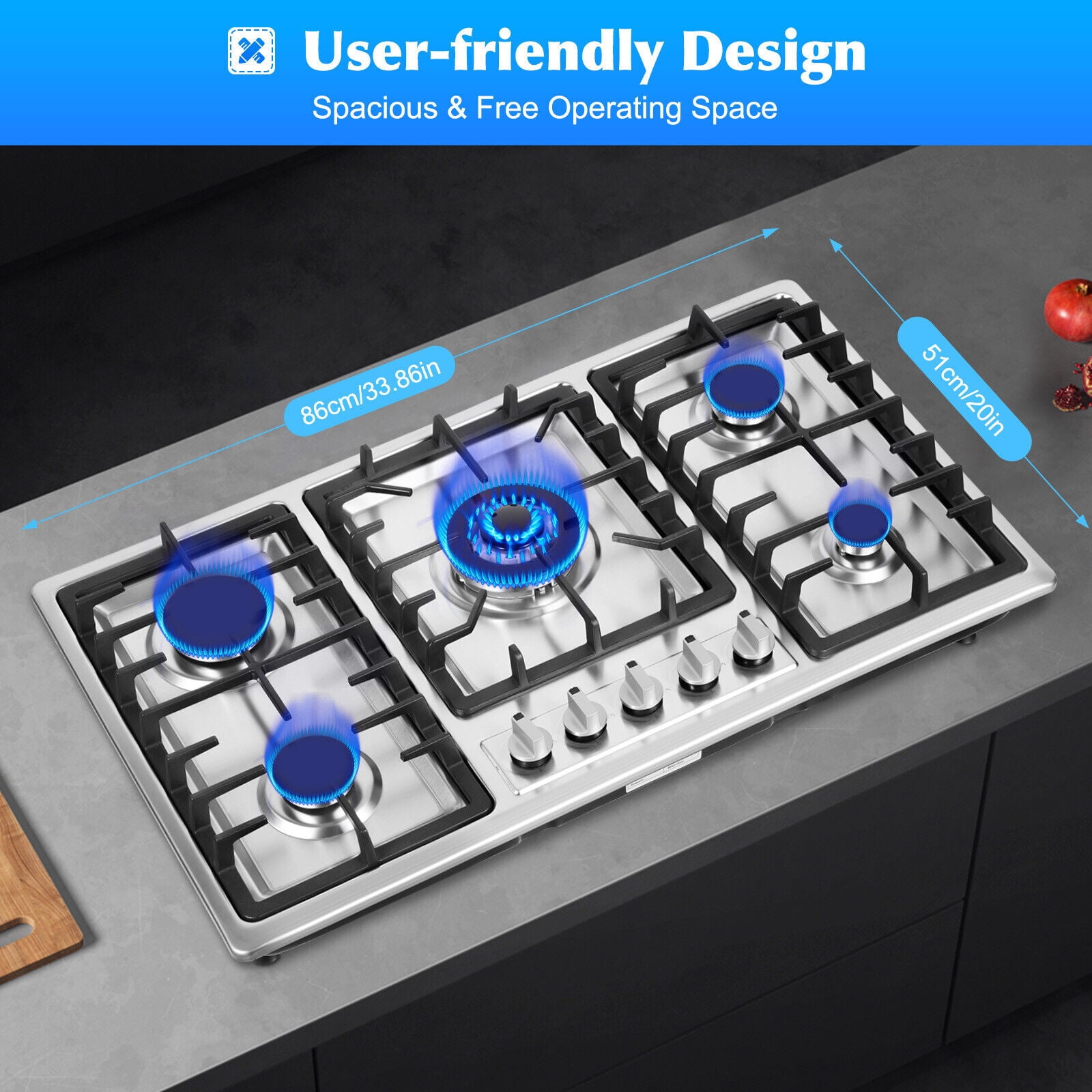 34" Gas Stove Cooktop with 5 Burners Kitchen, Stainless Steel Cooker Built-in NG/LPG Gas Cooktop