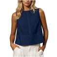 thumbnail image 2 of CQONEPT Linen Tops for Women Loose Fit Cotton Sleeveless Round Neck Tank Top Casual Summer Beach Cropped Vest Blue L, 2 of 7