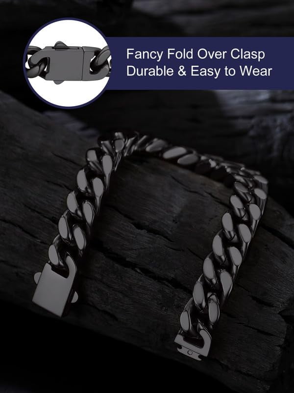 Bandmax 12MM Wide Black Cuban Chain Bracelet for Men Women Father's Day Gift for Son Dad Husband Stainless Steel Hip Hop Biker Wristlet Anklet Chain Jewelry