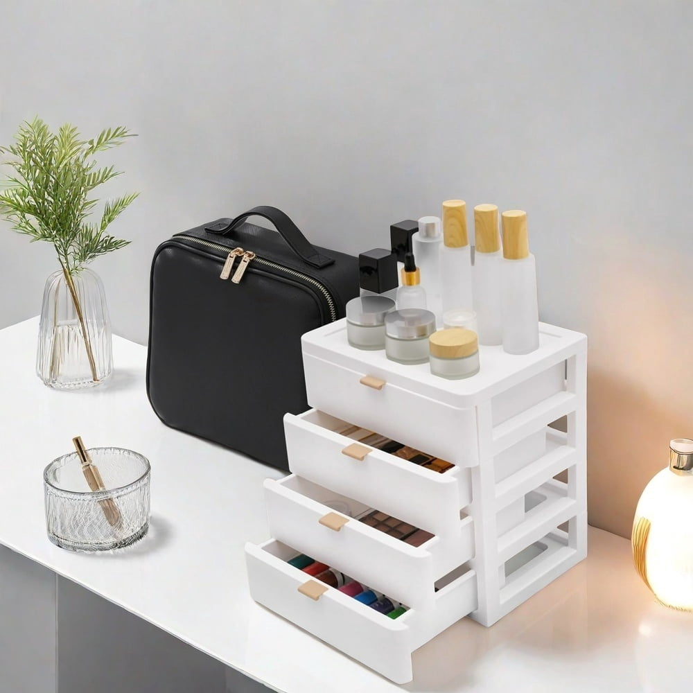 MIDOQIN Desk Organizer with 4 Drawer, Wood Desktop Storage Box, Stackable Storage Drawers for Storing Various Office Supplies