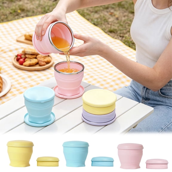 Travel Cup With Lid (6oz/180ml) Silicone Folding Cup With StainlessSteel Rim Portable Pocket Cup ForMouthwash Hiking Camping,Blue