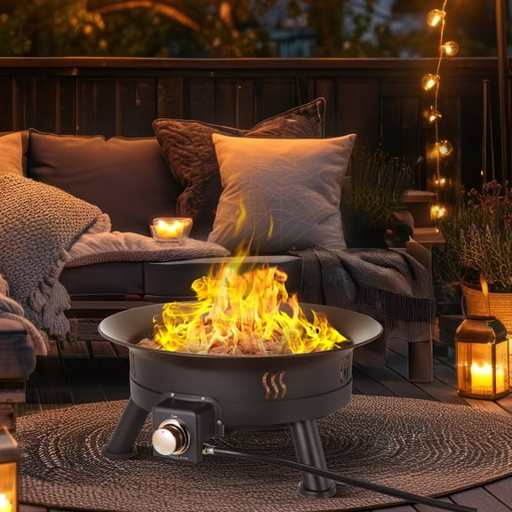 LAZY BUDDY 24" Portable Fire Pits for Outside 58000 BTU Propane Gas Fire Pit with Cover & Lava Rocks