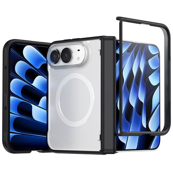 ELEHOLD For Apple iPhone Duo Magnetic Case Built-in Screen Protector,Shockproof Rugged Clear Back Hinge Protection Cover,Black