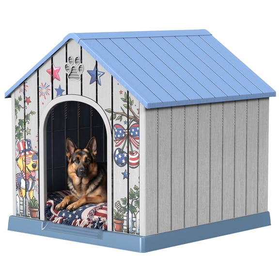 Fazzn Large Dog House, Resin Material Indoor Outdoor for Medium Large Dogs, Weatherproof Puppy Shelter with Elevated Floor & Air Vents, Easy Clean and Assemble.