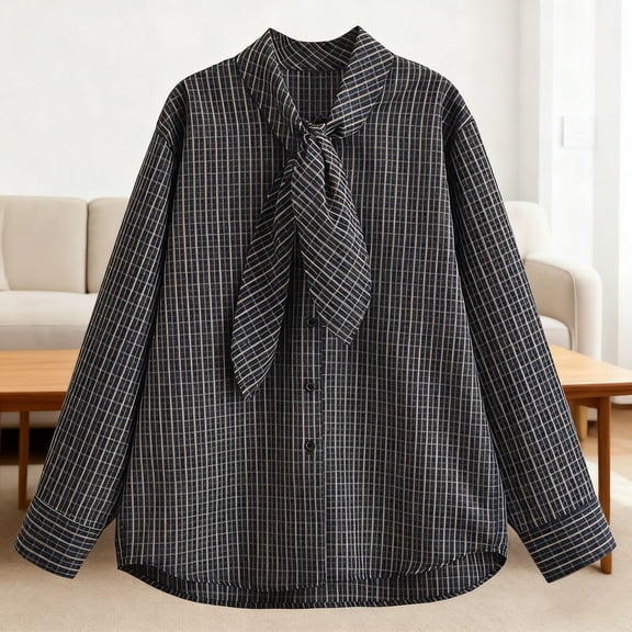 Wowcloth Women's Long Sleeve Plaid Shirt with Stand Collar and Scarf Style, Fashion Casual Blouse for Everyday Wear and Office Wears