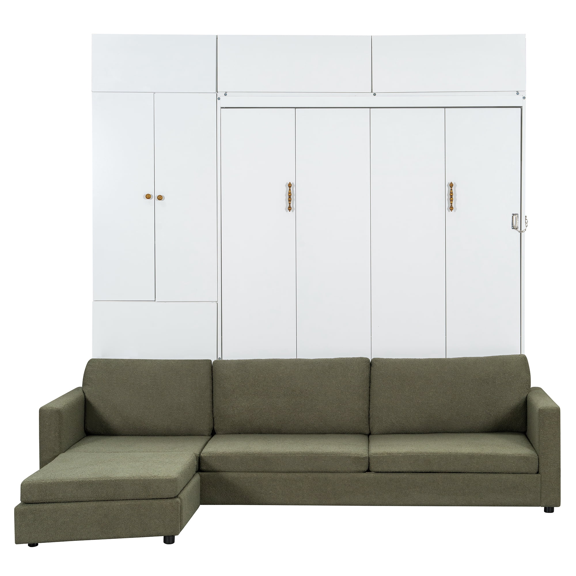 Mintazer Queen Murphy Bed with L-Shaped Sofa & Storage Cabinets, Modern Foldable Wall Bed for Bedroom Apartment Guest Room, White & Green