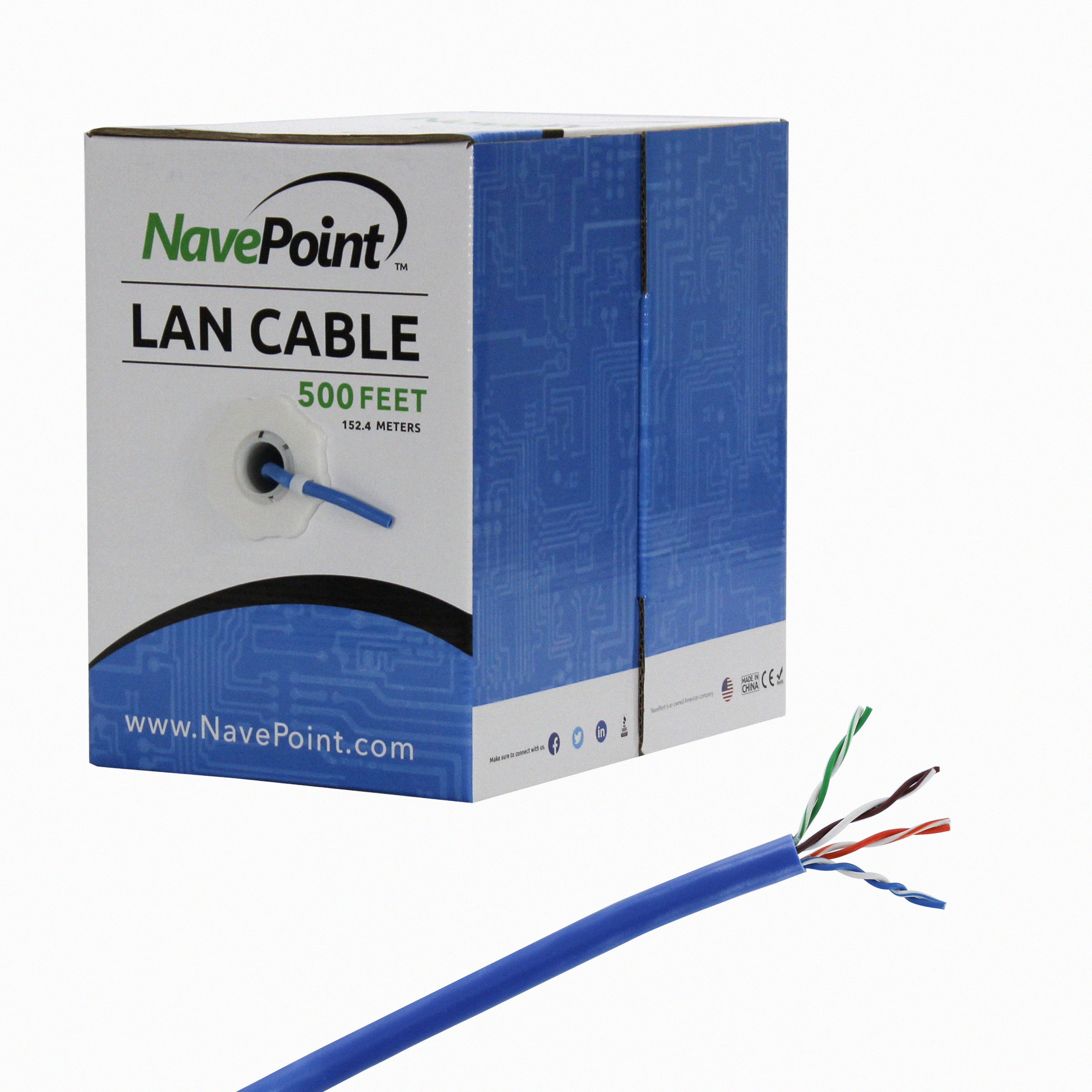 NavePoint CAT5e Blue Solid Bulk Ethernet Cable CCA 500ft Unshielded Twisted Pair 24AWG 4 Pair UTP 