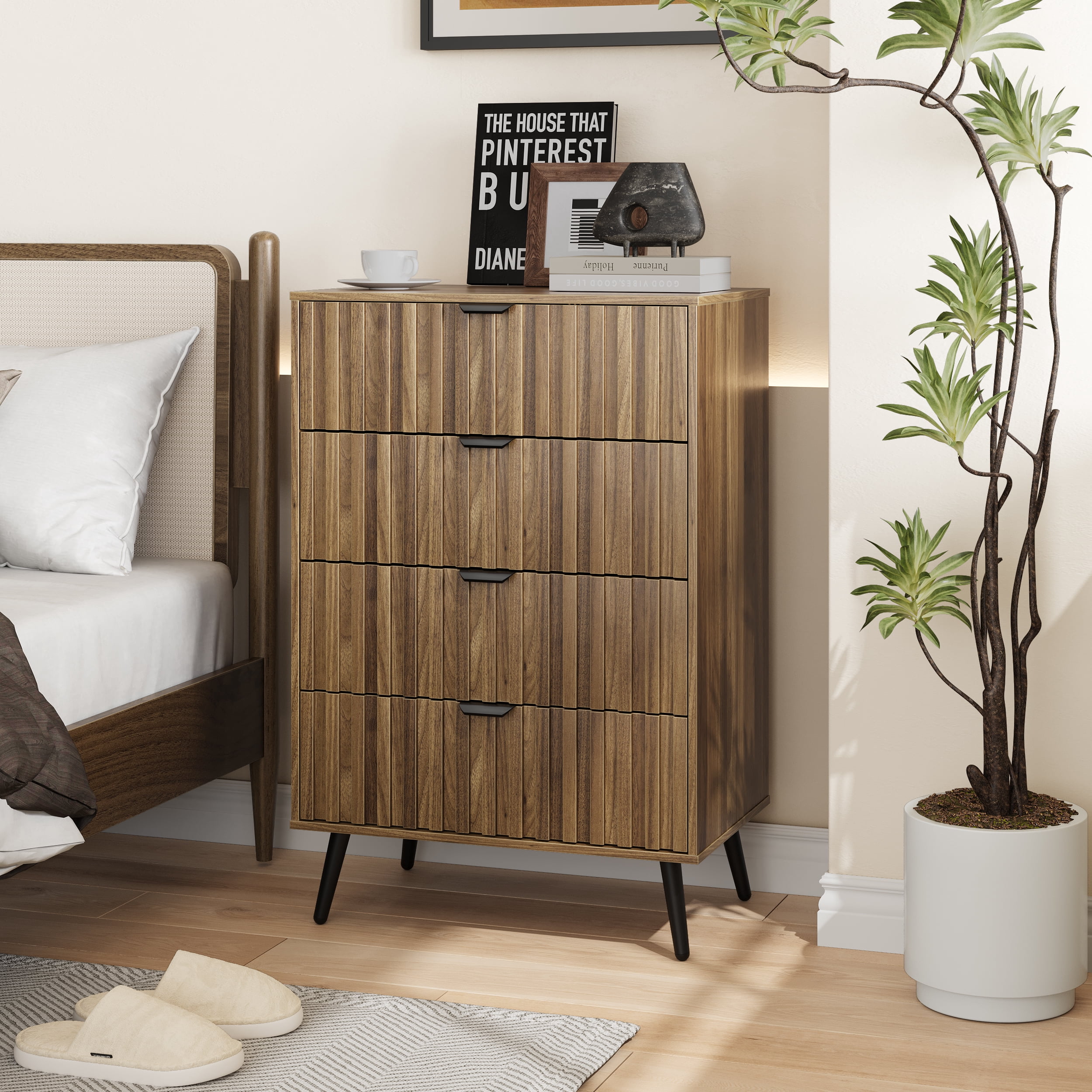 Semiocthome Dresser with 4 Fluted Drawers, Chest of Drawers Storage Cabinet, Walnut, Adult