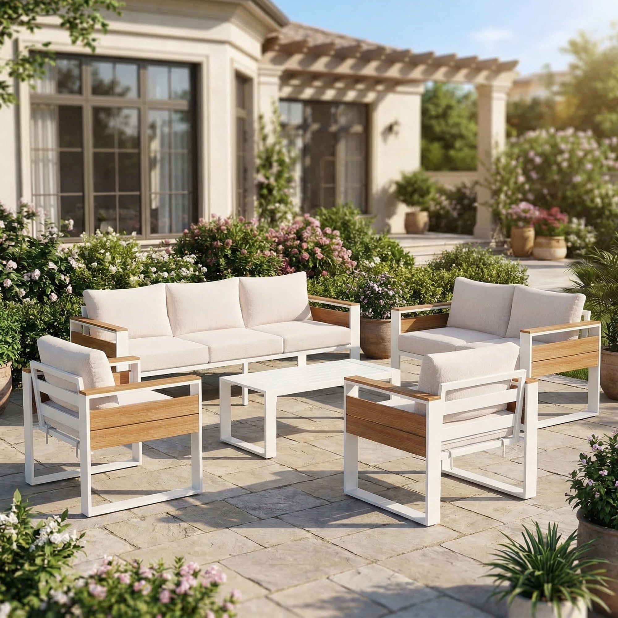 LAZZO 5-Piece Patio Conversation Set, All-Aluminum Outdoor Metal Furniture Set with Olefin Cushions & Coffee Table, Beige