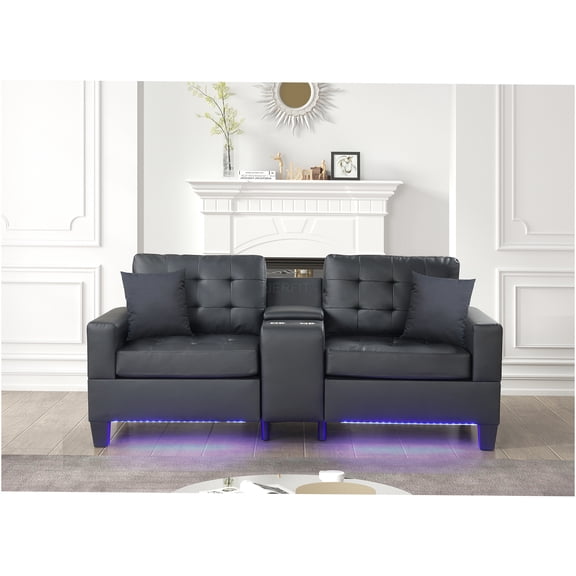 JERFIT 85 Inch Modern LED Sofa with USB Chargers, Storage Console and Cup Holders, Black PU Leather Loveseat for Living Room