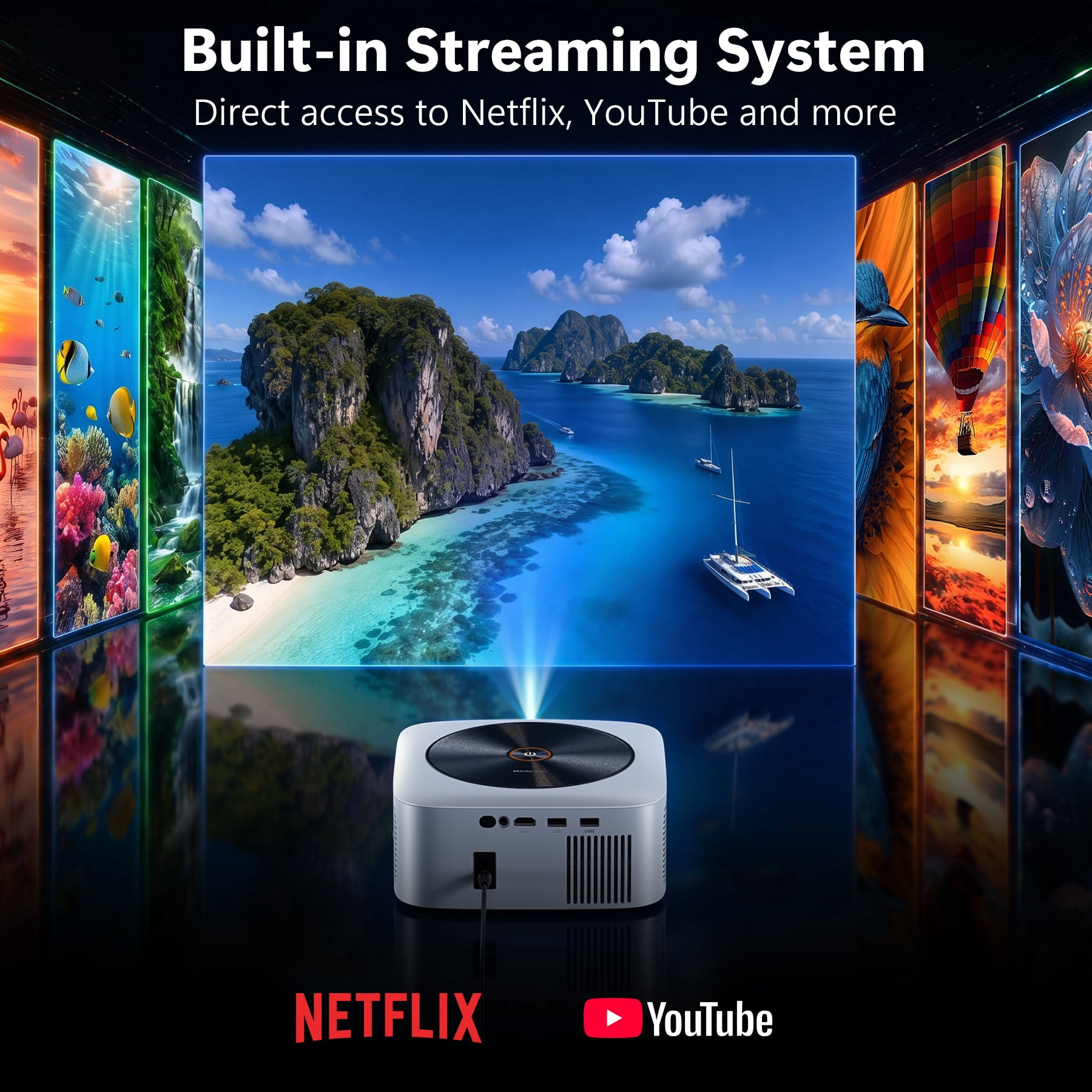HAPPRUN 1500 ANSI Lumens Smart Projector with Built-in Streaming Apps, 4K Decoding Movie Projector with WiFi & Bluetooth, Dolby Audio, Auto Focus & Keystone, Outdoor Projector for Home Theater