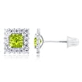 thumbnail image 2 of Decadence 14K White Gold 3mm Square Natural Green Peridot August Birthstone Halo Screwback Stud Earrings For Women | 6mm Square Earrings | 1mm Created White Sapphire Screwback Earrings For Women, 2 of 5