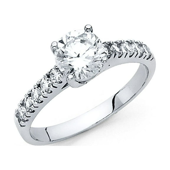 CZ Engagement Ring 14k White Gold Anniversary Round Solitaire CZ Bridal Side Stones Band Women Size 7