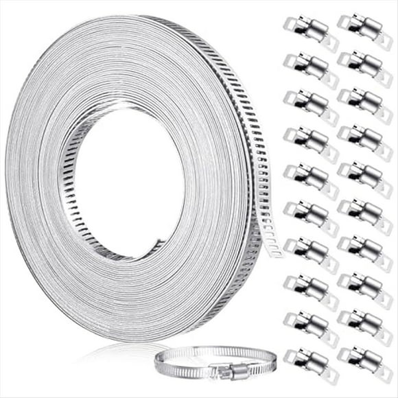 Abrazadera de Manguera Acero Inoxidable 33 Pies, Correa Metal para Bricolaje y Sujetadores 20 Piezas, Abrazaderas Engranaje Helicoidal Ajustables Tubo