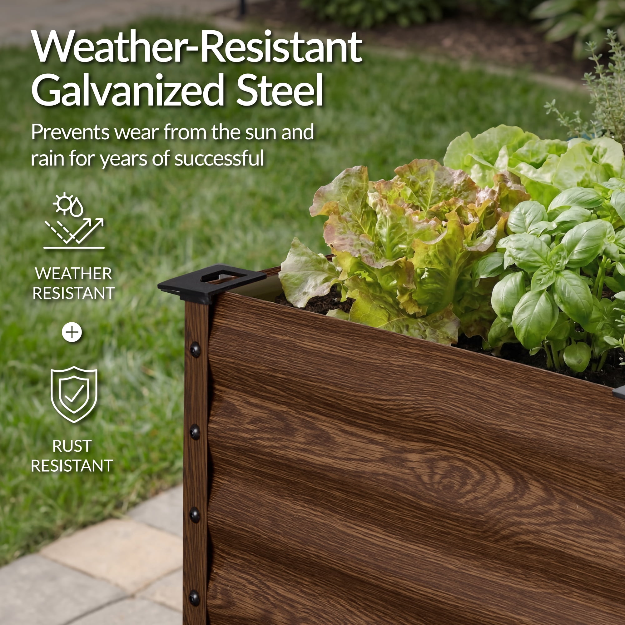 Best Choice Products 72x24x30in Non Toxic Elevated Galvanized Metal Garden Bed Corner Protectors - Dark Brown Wood Grain