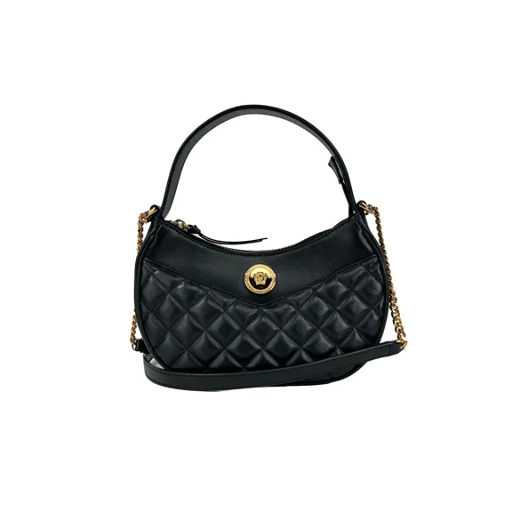 Versace Quilted Black Leather Half Moon Chain Crossbody Bag