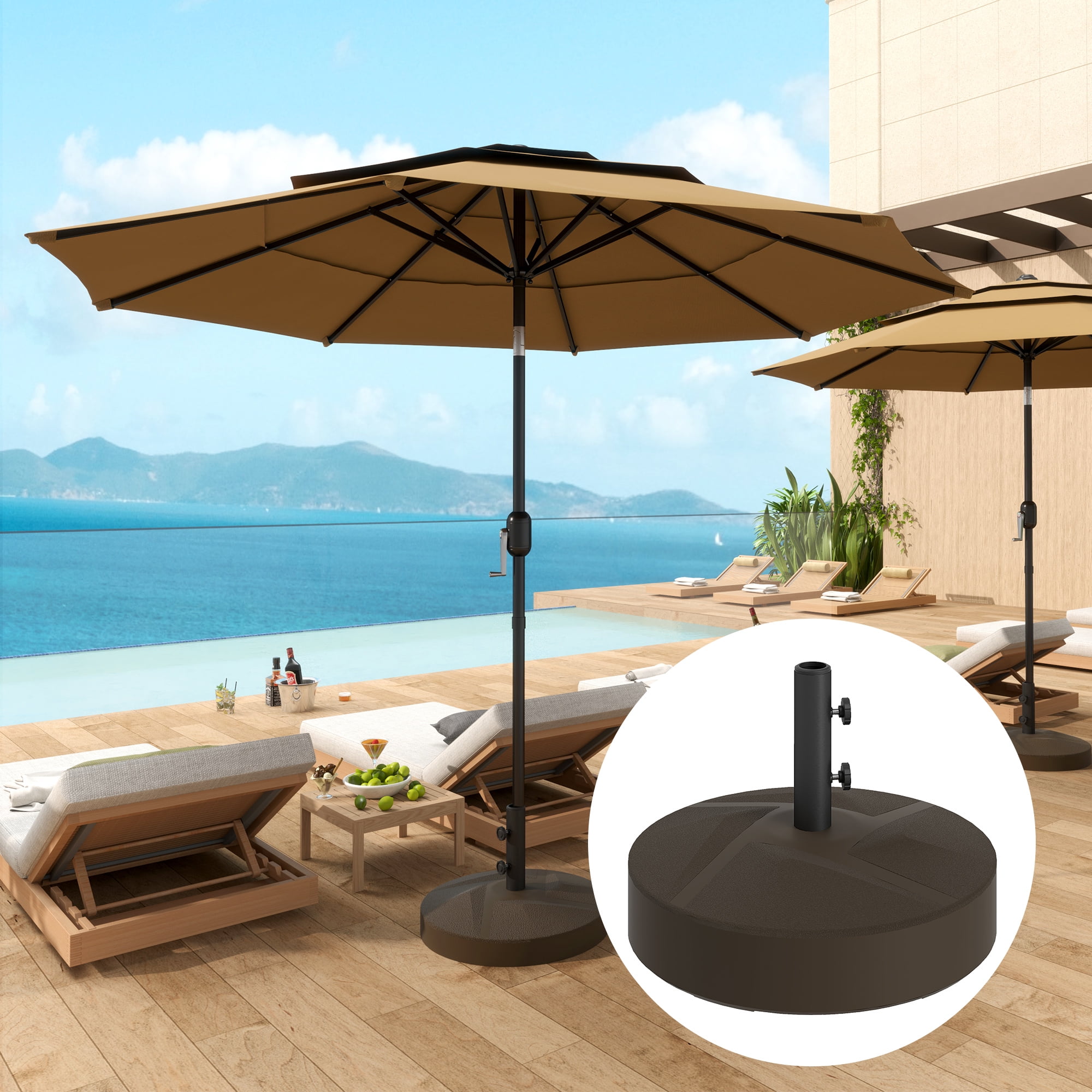 Homiyad Patio Umbrella Base Holder, Heavy Duty Outdoor Umbrella Stand Base, Filled Up to 66lbs with Stand or 55lbs with Water for Garden, Poolside, Brown
