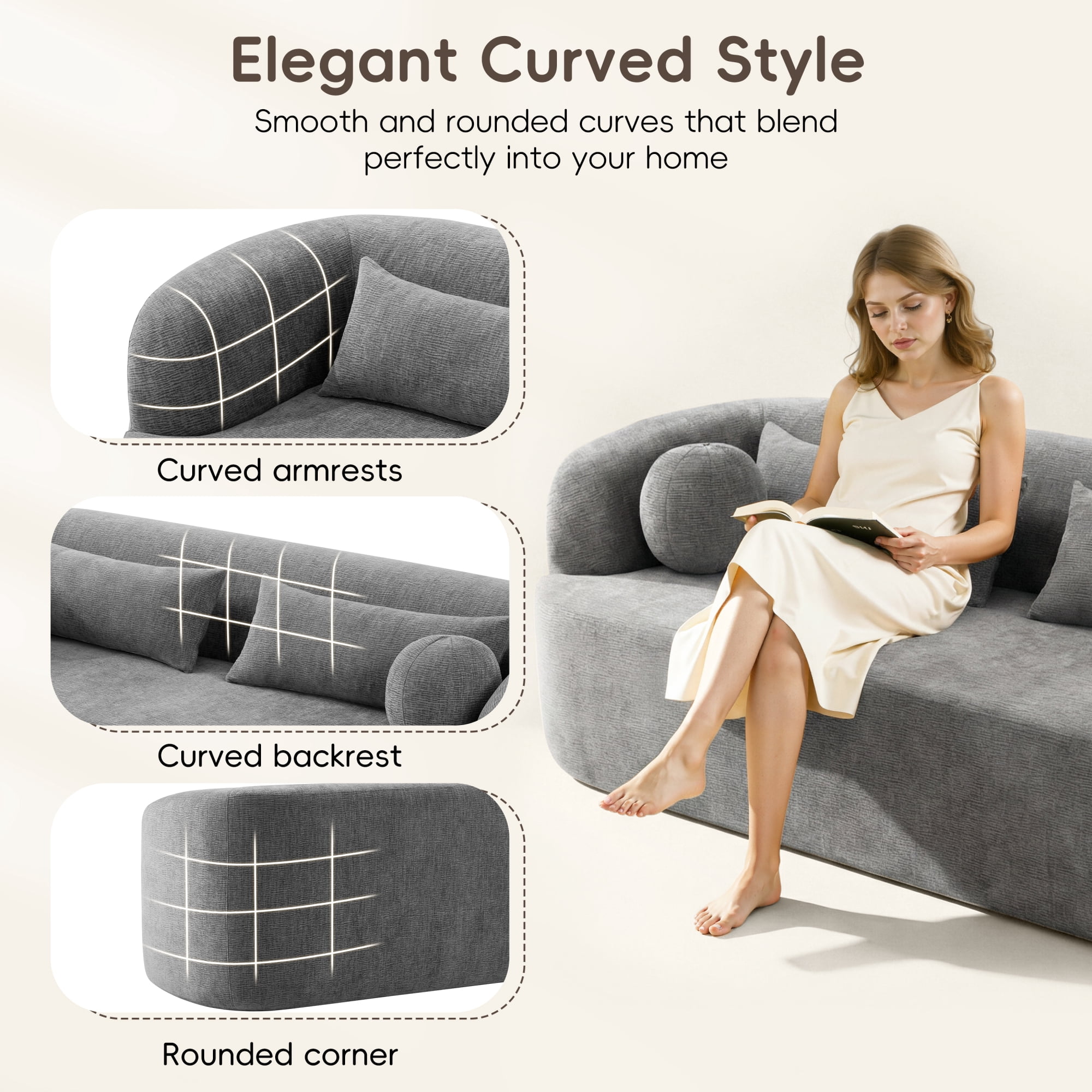 Leumius 86" Chenille Boneless Couch, Upholstered Sofa with Pillows, No Assembly Curved Cloud Couch with High-Density Foam, 3-Seater Luxury Modern Compressed Sofa for Living Room&Apartment Gray