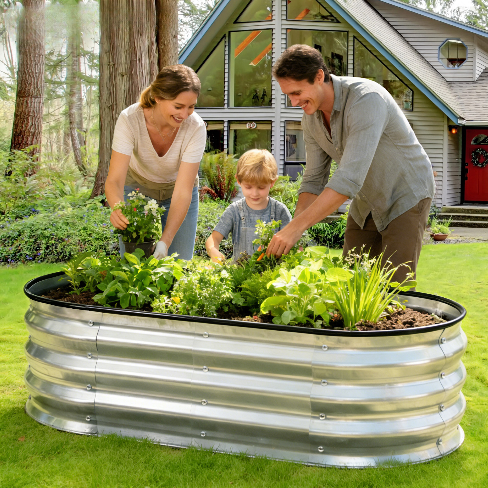 CONCETTA Oval Metal Planter Box for Vegetables, Flowers, Herbs, Galvanized Raised Garden Bed Kit with Safe Rubber Edging for Outdoor Gardening